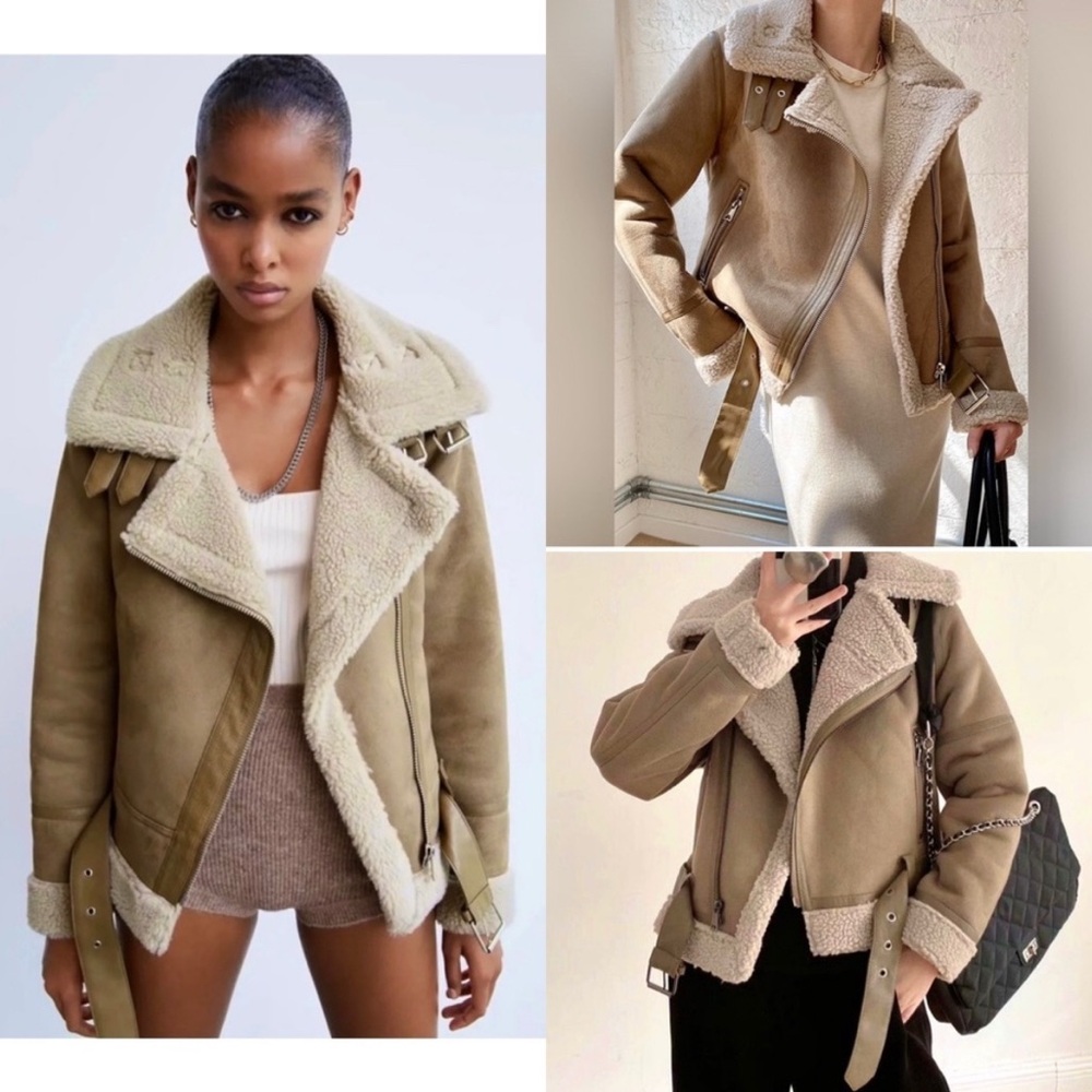 ZaraTan/Beige Aviator Faux Suede Sherpa Shearling Moto Jacket size SMALL